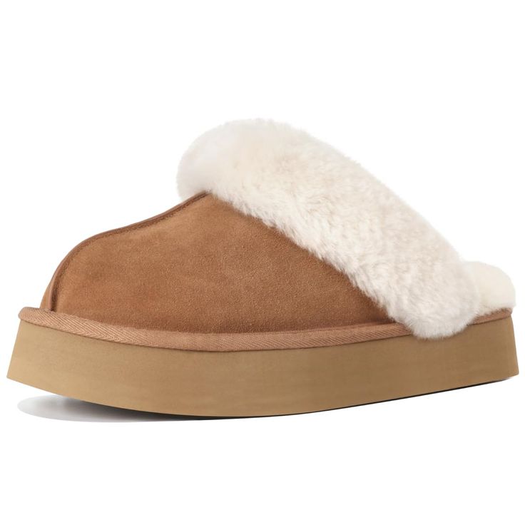 PRICES MAY VARY. Warm and Comfy: Women's platform slippers are lined with soft faux fur inside and made of sturdy and breathable suede, which can keep your feet dry and comfortable all the time, and the plush design of the collar makes the shoes more cute and charming as a whole, this slippers for women will bring you more warmth in the cold winter Great Cushioning: Platform slippers for women' soles are equipped with thick and high quality eva material , and the arch is designed to fit your fee Flufy Slippers, Slipper Uggs, Amazon Slippers, Ugg Platform Slippers, Chunky Slippers, Uggs Slippers, Winter Sandals, Osage County, Knit Slippers