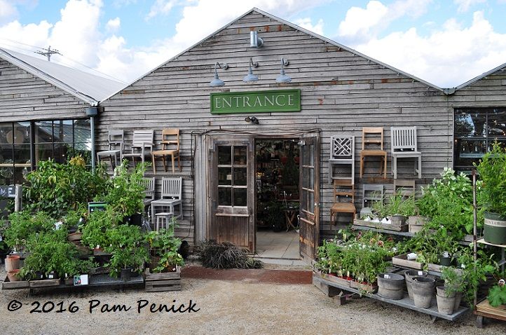 an old building with potted plants outside