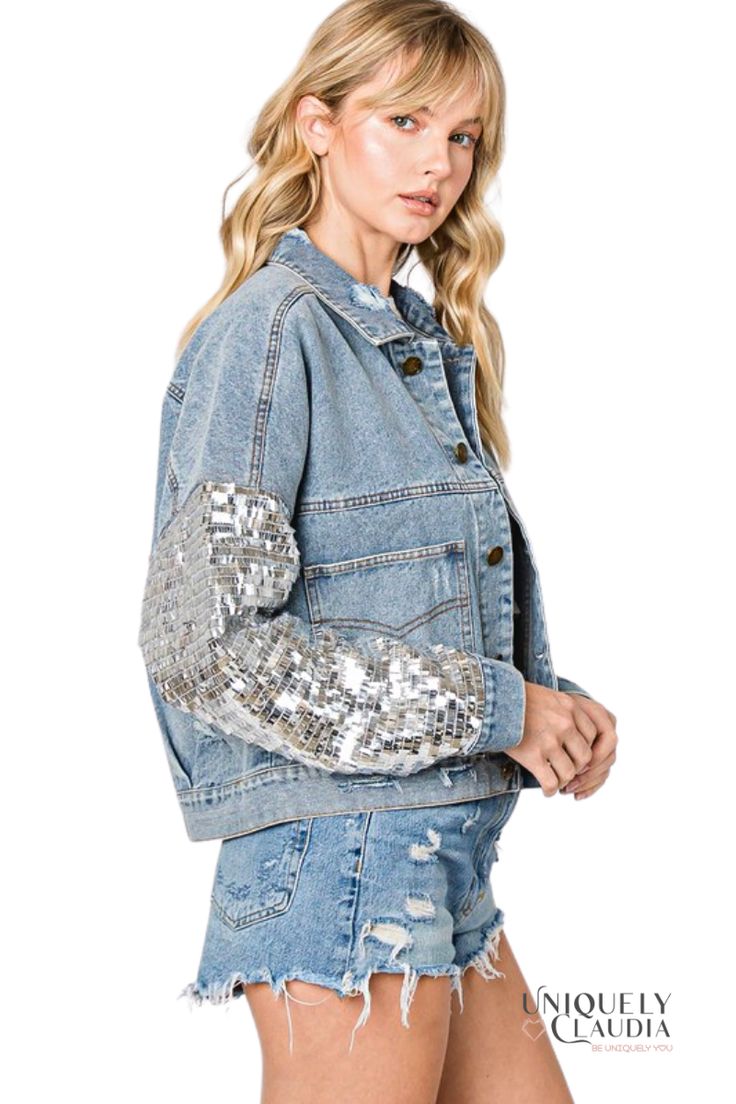 Talk about fashionista, our Brittney Sequins Detail Distressed Denim Jacket is ready to work hard to make you look & feel good! This cute denim jacket has sturdy non-stretch cotton construction that forms a collared neckline, two functional front pockets, and long sequined balloon sleeves with button cuffs. Sequin Denim Jacket, Denim Jacket Trend, Womens Oversized Blazer, Denim Styling, Upcycling Jeans, Diy Denim Jacket, Fashion Garments, Denim And Diamonds, Denim Tunic