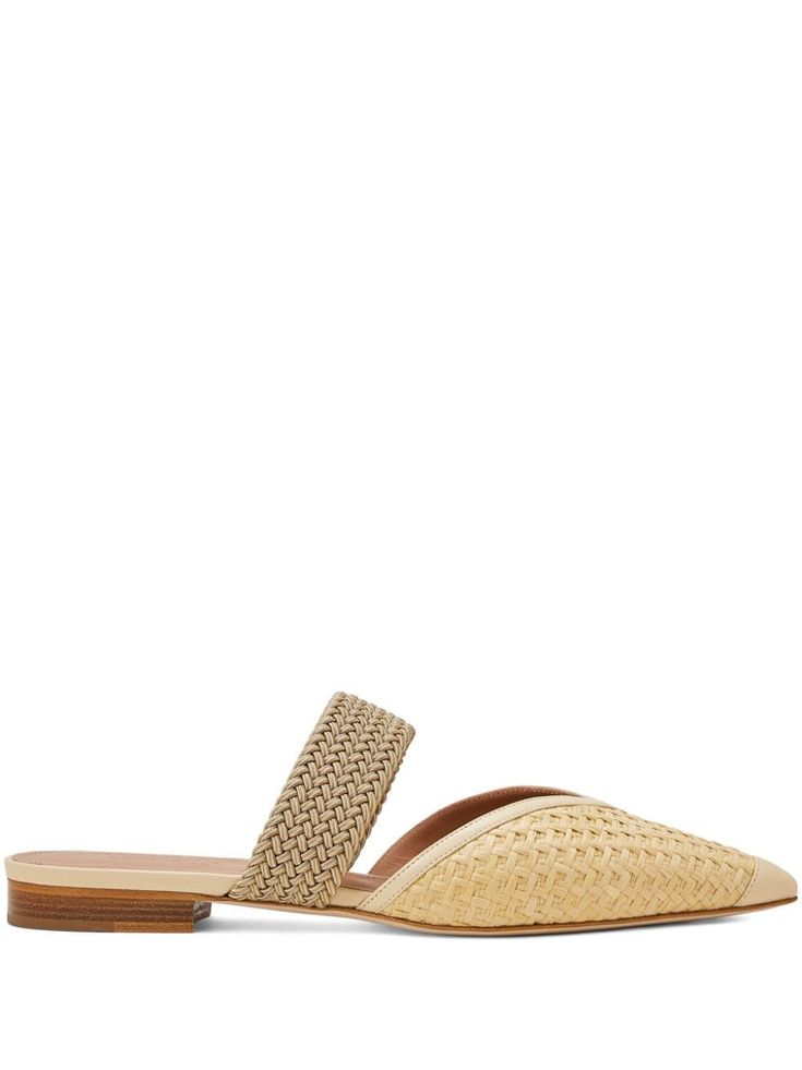 yellow calf leather braided strap pointed toe flat leather sole low block heel Flat Heel Woven Leather Mules, Luxury Brown Woven Leather Mules, Beige Woven Leather Open Toe Mules, Yellow Slip-on Mules With Leather Sole, Yellow Leather-sole Slip-on Mules, Woven Mules, Malone Souliers, Braided Strap, Low Block Heels