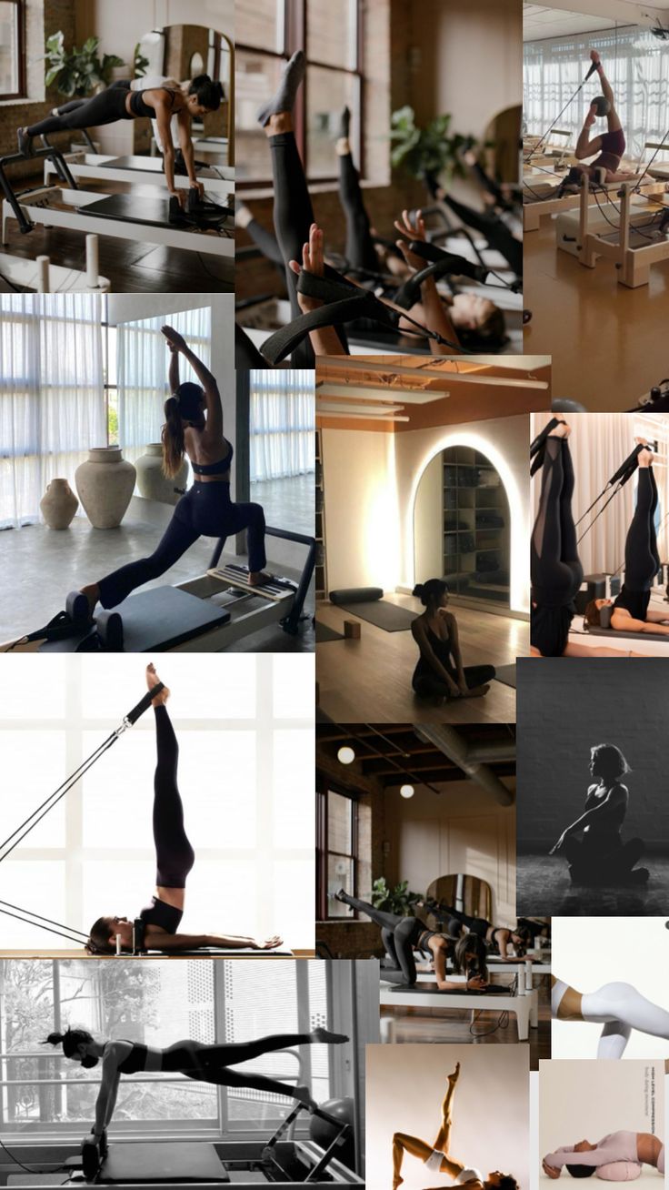 a collage of photos with women doing yoga