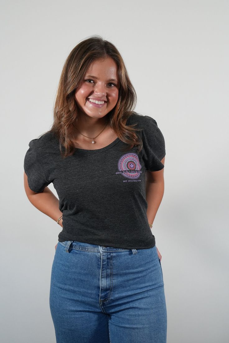 The most comfortable and versatile tee with Good Juju emblems on the front and back. Features a round wide neckline to maximize comfort and is a full-length fit. The photo features a tucked-in style which looks amazing with your favorite jeans, leggings, or shorts! Jeans Leggings, Favorite Jeans, Dark Grey, Gender Neutral, Full Length, Art Collection, Graphic Tees, Bathing Beauties, Adult Outfits