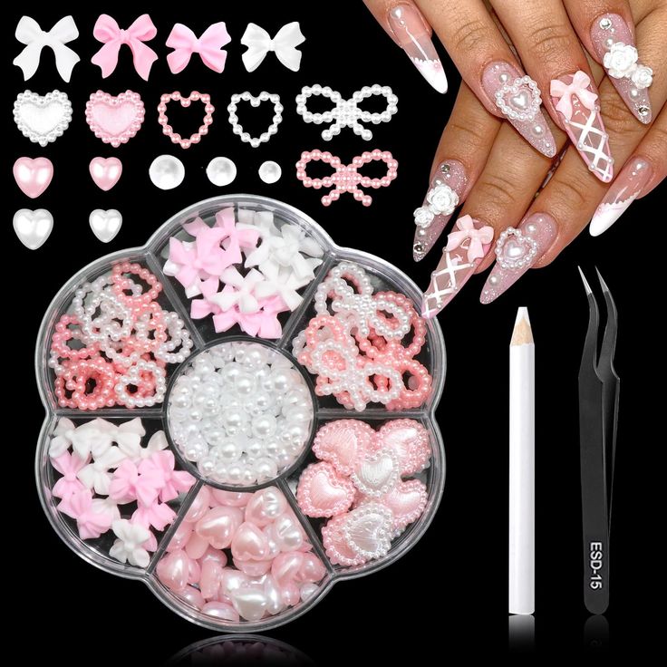 PRICES MAY VARY. Assorted Nail Charms:One box contains 6 style cute charms that in pink and white color,white pearl beads,a pcs pickup pencil and a pcs tweezer.Various style and enough quantity allows you to create attractive and charming nails art. Perfect Size:These bowknot nail charms and 3d heart charms has different size specification,very suitable for nail art decoration.Flatback design makes them easy to stick to any surface and not easy to fall off.Add more fun to your nails art DIY. Wid Cute Nail Charms, Charms For Nails, Oval Nails Designs, Pearl Nail, Kawaii Nail Art, Bow Nail, Nail Art Charms, Nails 3d, Tech Job