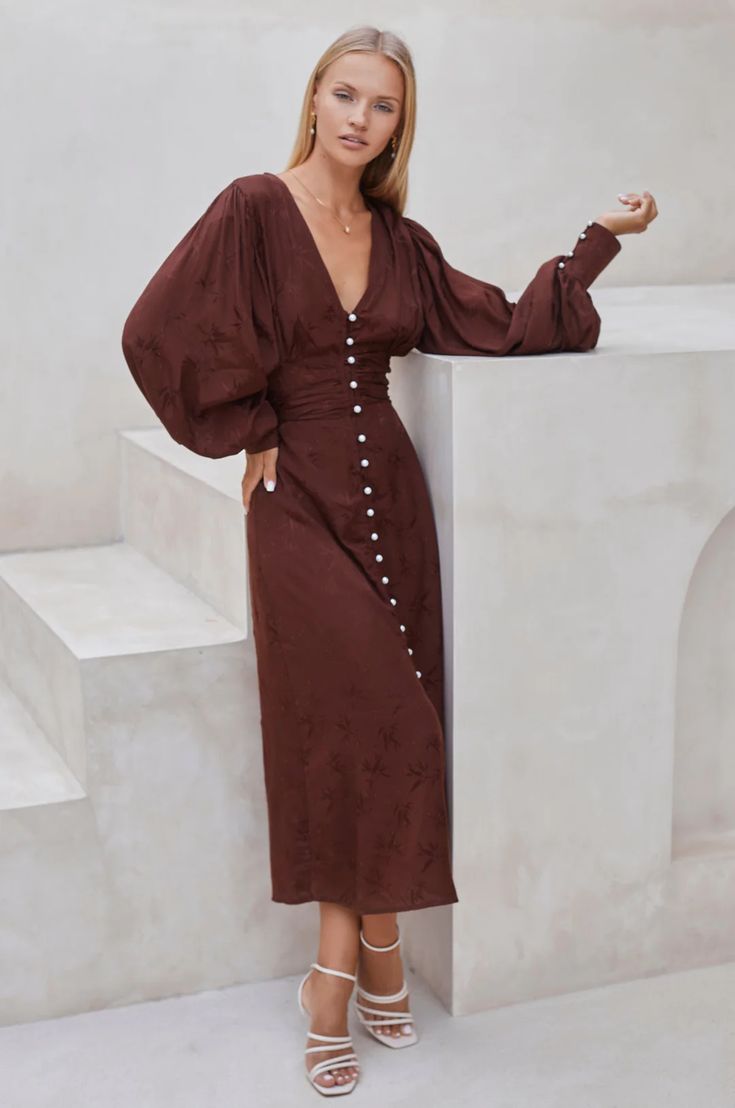 Juliette Pearl Buttons Midi Dress – ELF Elegant Brown Puff Sleeve Dress, Brown V-neck Midi Dress For Cocktail, Brown Puff Sleeve Midi Dress For Brunch, Elf Dress, Knitted Swimsuit, Dress Looks, Long Midi Dress, Romantic Evening, Feminine Silhouette