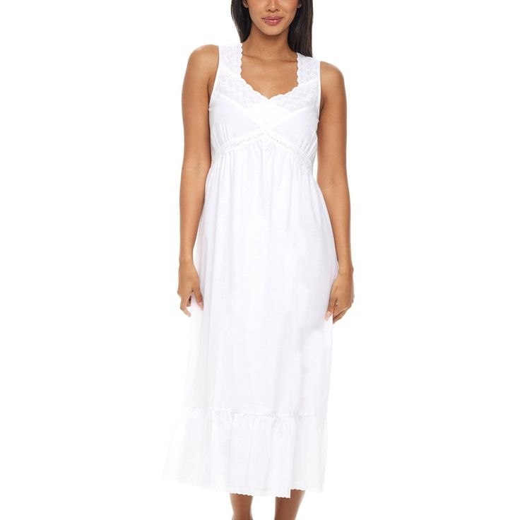 This soft 100 percent cotton poplin nightgown for women from Alexander Del Rossa is comfortable, durable, and classy. Made from a premium 100% cotton fabric, this women's vintage looking nightgown is breathable and easy on the skin. Designed with you in mind, this victorian nightgown is perfect for lounging around the house - even when guests are present. Sleeveless V-neck made with wide cotton lace. Bust is gathered above cotton lace trim. Front and back both gathered. Gown flows into a slight Elegant Cotton Summer Sleepwear, Elegant Summer Cotton Sleepwear, Elegant Cotton Sleepwear For Summer, Elegant Cotton Sleepwear, Elegant Cotton Sleepwear For Relaxation, Elegant Cotton Sleepwear For Home, Cotton Dresses For Relaxation, Sleeveless Nightgown For Relaxation, Elegant White Cotton Sleepwear