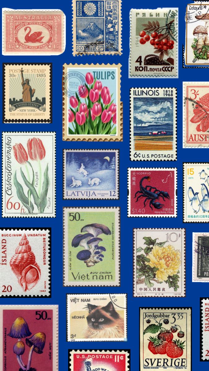 many different stamps are arranged on a blue background, including flowers and birds in the middle