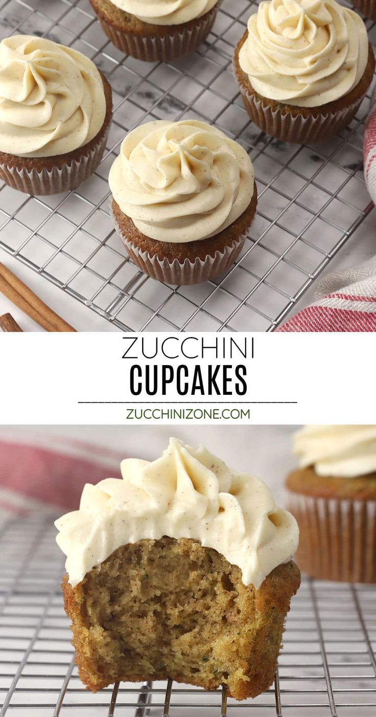 zucchini cupcakes with cream cheese frosting are on a cooling rack