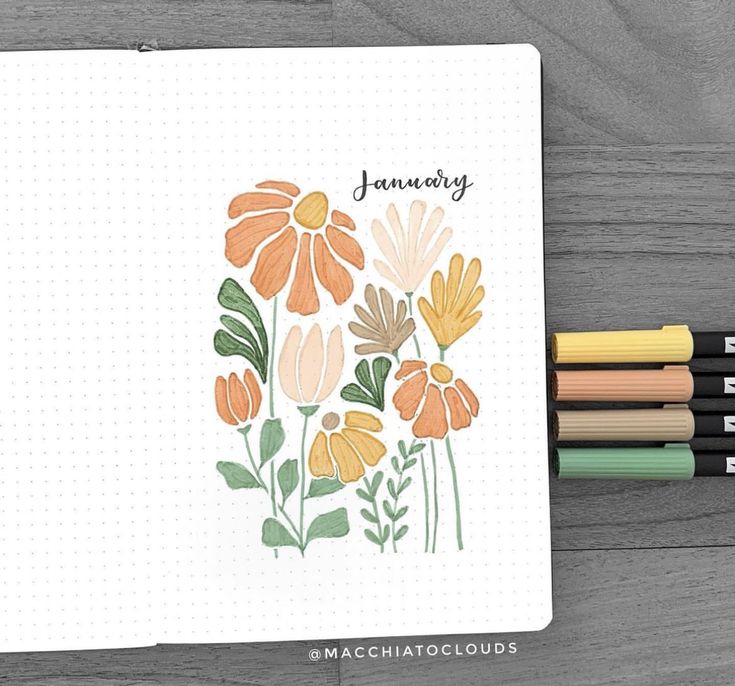 May Bujo Spread, Journal Month Page May, Bujo Month Cover, Bujo Flower Theme, Flower Bullet Journal Theme, January Bujo Cover, Bujo Cover Page Ideas, Bujo Flowers, Bullet Journal Flowers