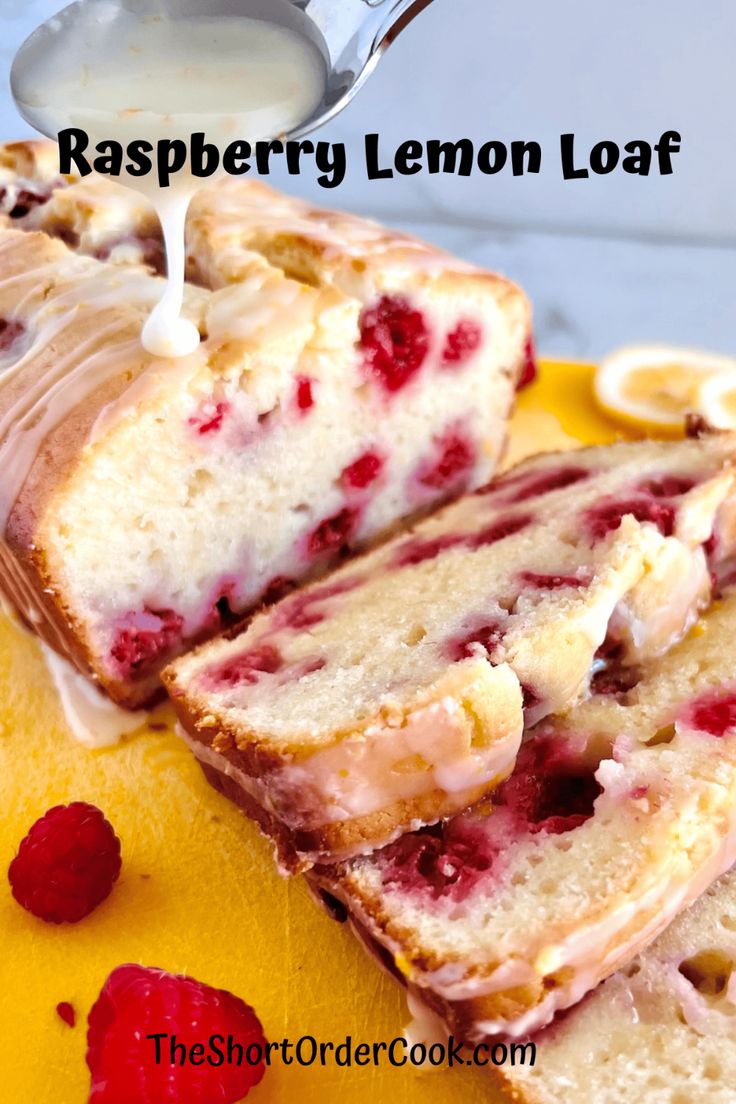 raspberry lemon loaf sliced on a yellow plate