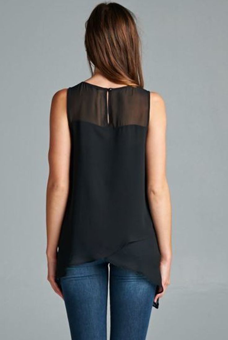 A simple sheer tank that will leave your friends speechless as you wander under the moonlight 'nightscape'! This pretty black sleeveless top features a layered tulip cut front with a single sheer front and back yoke. The back has a keyhole back button closure. The top has no stretch but fits large, so for a more fitted flowy look order a size smaller. Item runs large, we recommend to order a size smaller than your usual size or follow our size specs below: Small = size 10-12Medium = size 12-14La