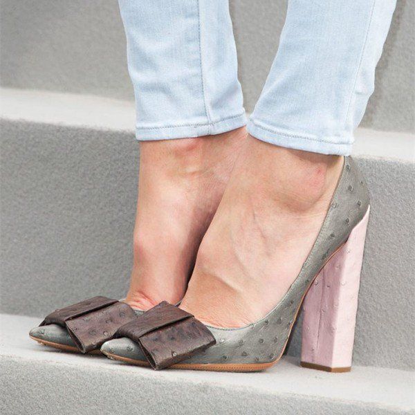 Grey Bow Heels Vegan Ostrich Skin Pointy Toe Chunky Heel Pumps for Party, Night club, Dancing club, Music festival, Ball, Anniversary, Engagement, Going out | FSJ Mode Shoes, Street Style Shoes, Chunky Heel Pumps, Bow Pumps, Paris Fashion Week Street Style, Pink Pumps, Bow Heels, Carrie Bradshaw, Fabulous Shoes