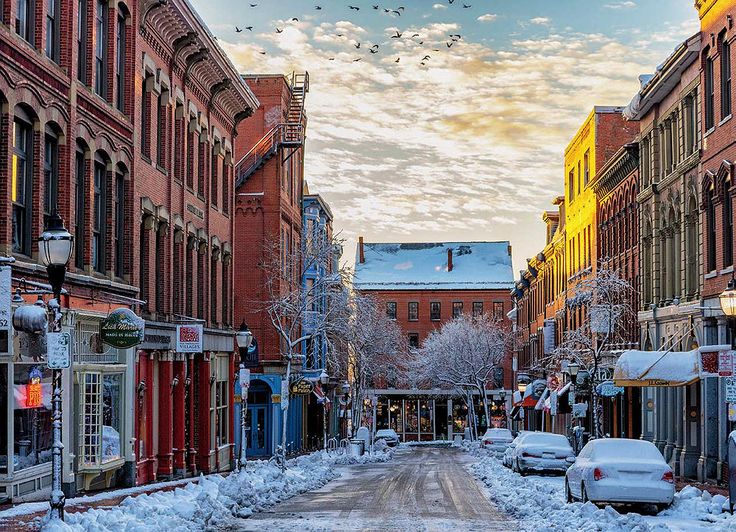 a snowy street with cars parked on the side and birds flying in the sky above