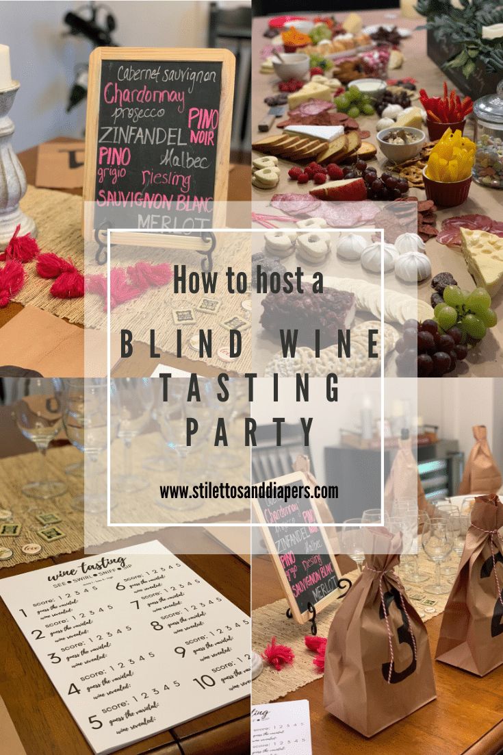 a table topped with lots of food and wine bags next to a sign that says how to host a blind wine tasting party