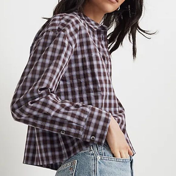 Nwt Price Includes Shipping Coming In Our Lightweight Cotton Signature Poplin - This Plaid Button-Up Shirt Has Two Front Patch Pockets And A Straight Hem. Something To Set It Apart From All The Others? The Inverted Pleat At The Back With A Cool Button-Closure Detail. Regular Fit. Length: Designed To Hit Between The Bellybutton And High Hip. Body Length From High Point Of Shoulder: 21". Cotton. Trendy Purple Cotton Blouse, Purple Cotton Daywear Blouse, Purple Cotton Blouse For Daywear, Purple Cotton Top With Buttons, Purple Fall Shirt With Buttons, Purple Cotton Shirt For Daywear, Purple Button-up Daywear Shirt, Daywear Purple Top With Button Closure, Purple Button Closure Top For Daywear