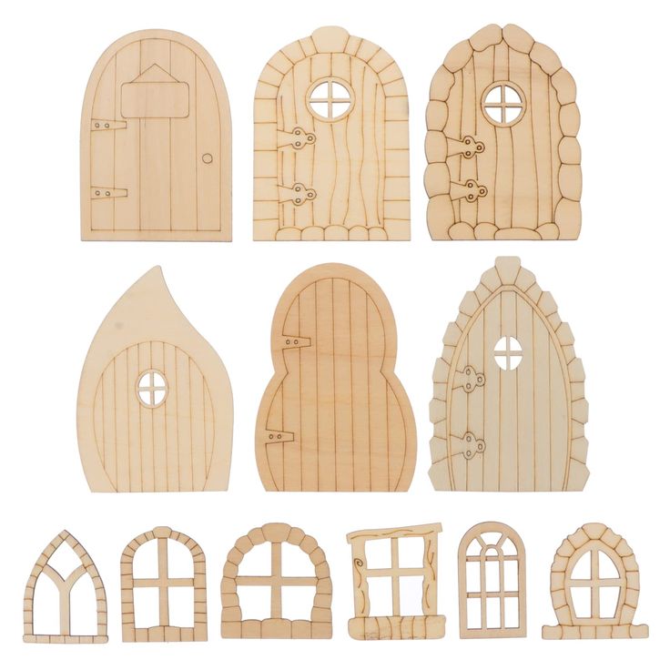 several wooden doors and windows are shown in different shapes, sizes, and colors on a white background