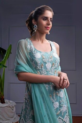 Powder blue sleeveless U neck kurta with gullista bloom embroidery using sequin, pearl highlights. Paired with a sharara and an embroidered border dupatta. - Aza Fashions Sleeveless Georgette Salwar Kameez For Reception, Sleeveless Salwar Kameez For Eid Reception, Sleeveless Dresses With Cutdana For Reception, Sleeveless Anarkali Dress With Gota Work, Festive Sleeveless Dress With Gota Work, Sleeveless Salwar Kameez With Resham Embroidery, Diwali Sleeveless Palazzo Set With Chikankari Embroidery, Designer Sleeveless Dress With Cutdana Detailing, Designer Sleeveless Dresses With Cutdana