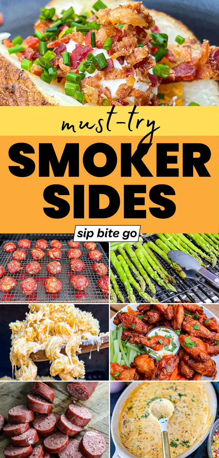 Easy Traeger Smoked Side Dishes Recipes Collage with text overlay and Sip Bite Go logo Treager Thanksgiving Recipes, Meals For Smoker, Pellet Grill Snacks, Smoked Traeger Recipes, Smoked Food For Party, Easy Pit Boss Recipes, Smoked Foods For A Crowd, What To Cook On A Smoker, Ideas For Smoker