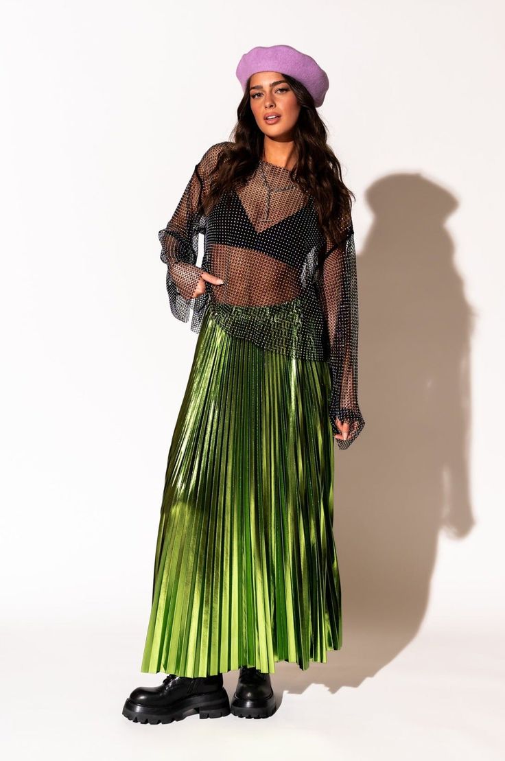 LALA ORIGINAL: Metallic Pleated Midi Skirt in Electric Lime Pregnancy Fits, Satin Playsuit, Green Maxi Skirt, Bad Barbie, Lime Dressing, 2024 Design, Boxy Top, Spandex Dress, Blazer Set