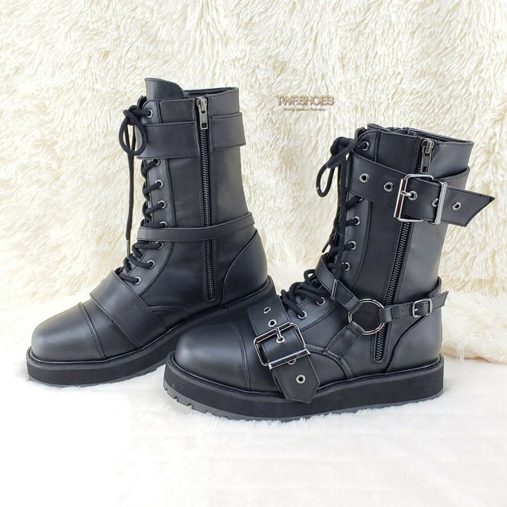 Brand New 1 1/2" (38mm) Platform Lace-Up Front Mid-Calf Boots Harness Strap, Ornamental Metal Zipper At The Outer Side & 2 Buckle Straps Inside Metal Zip Closure Cushioned Foot-Bed Men's Us Sizes Ladies Order 2 Sizes Smaller( Mens 5 = Ladies 7) Black High Ankle Lace-up Boots Alternative Style, Winter Martin Boots With Round Toe For Concerts, Black Gothic Lace-up Boots With Round Toe, Black Gothic Martin Boots With Round Toe, Gothic Black Martin Boots With Round Toe, Winter Combat Boots For Concerts With Round Toe, Fall Alternative Style Martin Boots With Round Toe, Fall Alternative Style Round Toe Martin Boots, Alternative Style High Ankle Martin Boots For Winter