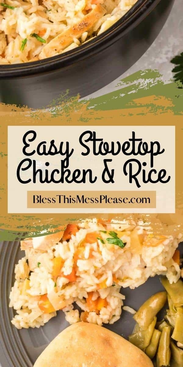 an easy stovetop chicken and rice casserole with green beans on the side