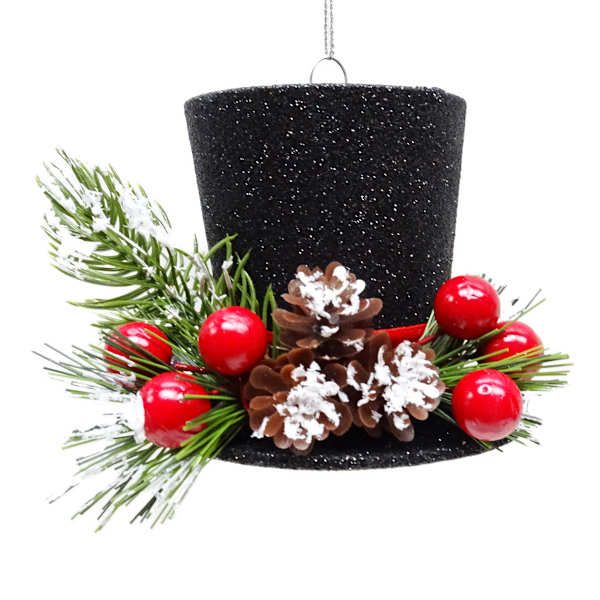 a black top hat with pine cones and berries hanging from it's centerpiece