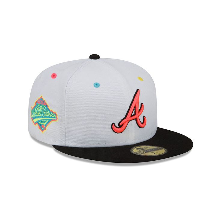 Show off your Atlanta Braves fandom by picking up this Neon Eye 59FIFTY fitted hat from New Era. It features the team's iconic logo embroidered on the front and a side patch that commemorates one of many great moments in the franchise's history. The multi-color eyelets add exciting pops of color all around, so you can represent the Atlanta Braves in a way that you never have before.Show off your Atlanta Braves fandom by picking up this Neon Eye 59FIFTY fitted hat from New Era. It features the te Throwback Flat Bill Fitted Hat For Fans, Throwback Fitted Flat Bill Hat, Throwback Fitted Hat With Flat Bill For Fans, Throwback Fitted Hat With Flat Brim For Fan Gear, Throwback Flat Brim Fitted Hat For Fan Gear, Throwback Flat Brim Fitted Hat For Fans, Baseball Season Fan Merchandise Flat Brim Hat, Throwback Fan Gear Hat With Curved Brim, Flat Brim Baseball Fan Merchandise Hats