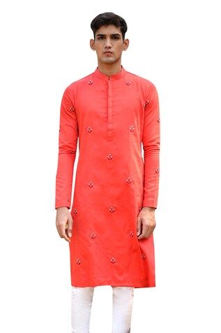 Red kurta with resham, cutdana, zardozi, pearl embroidery in hibiscus pattern. Paired with churidar. - Aza Fashions Transitional Red Kurta With Dori Work, Red Raw Silk Kurta With Dori Work, Red Dori Work Kurta For Eid, Red Eid Kurta With Dori Work, Traditional Red Kurta With Dori Work, Ceremonial Kurta With Gota Work For Diwali, Red Sherwani With Dori Work For Diwali, Festive Red Sherwani With Dori Work, Red Dori Work Sherwani For Festivals