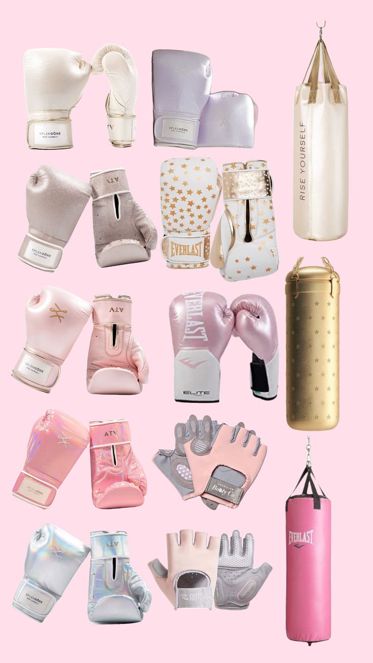 many different types of gloves and mitts on a pink background