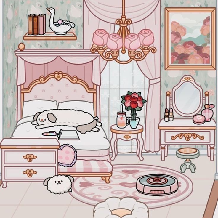 a cartoon bedroom with pink furniture and decor