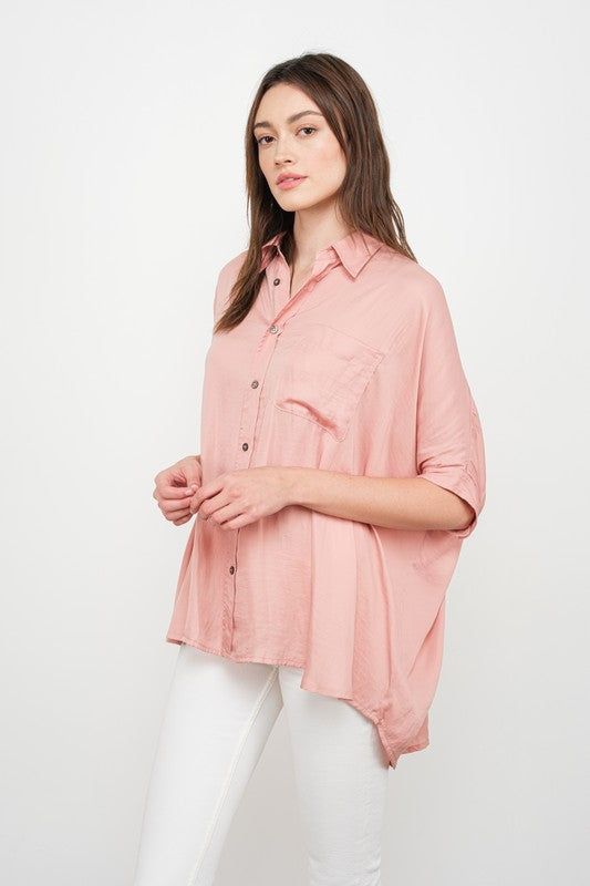 Satin button down dolman sleeve top Oversized fit 100% Polyester Oversized Blouse With Roll-up Sleeves And Shirttail Hem, Oversized Collared Versatile Tops, Rayon Button-up Top With Buttons, Oversized Button-up Shirt, Casual Oversized Tops With Rolled Sleeves, Trendy Relaxed Fit Blouse With Roll-up Sleeves, Trendy Blouse With Roll-up Sleeves In Relaxed Fit, Everyday Tops With Roll-up Sleeves, Chic Oversized Top With Rolled Sleeves