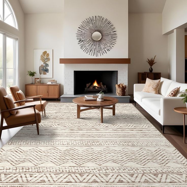 a living room filled with furniture and a fire place in the middle of a room