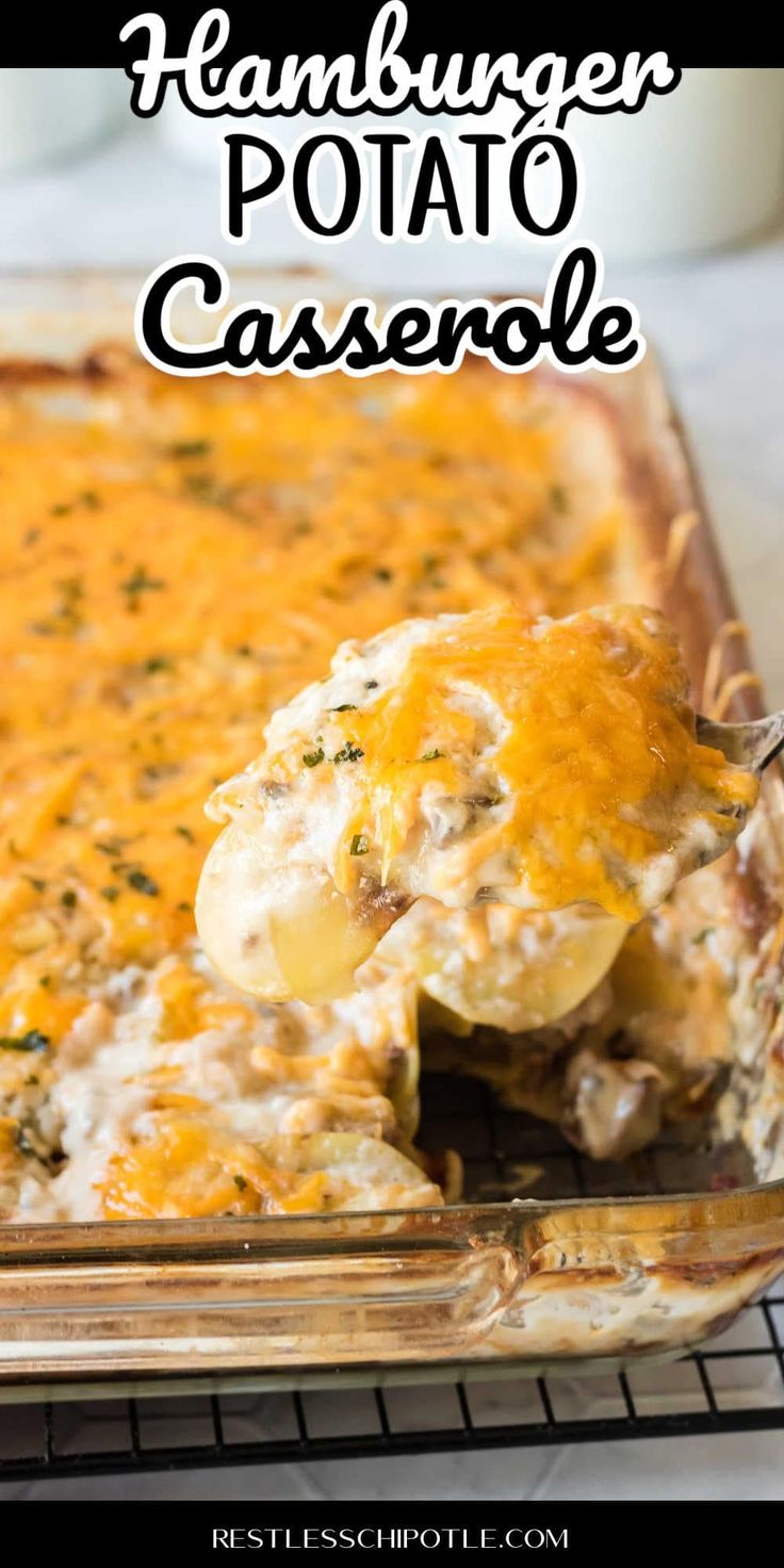 hamburger potato casserole in a glass baking dish