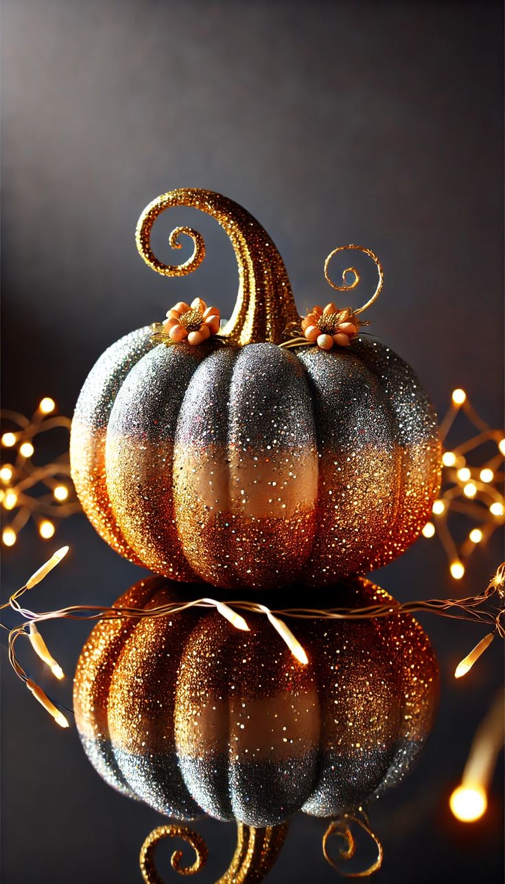 a decorative pumpkin sitting on top of a reflective surface