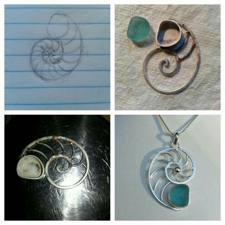 four different pictures of jewelry with spirals and sea glass pendants on it's sides