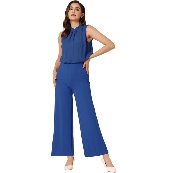 Features a high waist design that accentuates your figure and makes you look taller. The wide flare leg cut of the jumpsuit creates a flowy and feminine silhouette that flatters different body shapes. Made from comfortable materials, this jumpsuit is durable, breathable, and comfortable. It is perfect for both casual and dressy occasions, making it versatile and practical comes in a variety of sizes to ensure a perfect fit for every woman. Chic Blue Wide Leg Jumpsuits And Rompers, Chic Blue Sleeveless Jumpsuits And Rompers, Elegant Blue Sleeveless Jumpsuits And Rompers, Elegant Blue Strapless Jumpsuit, Trendy Blue Wide-leg Jumpsuits And Rompers, Blue Fitted Floor-length Jumpsuits And Rompers, Blue Fitted Full-length Jumpsuits And Rompers, Chic Blue Wide-leg Jumpsuits And Rompers, Blue Non-stretch Solid Color Jumpsuits And Rompers