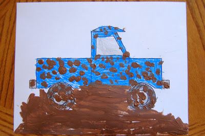 a drawing of a blue truck with brown spots on it