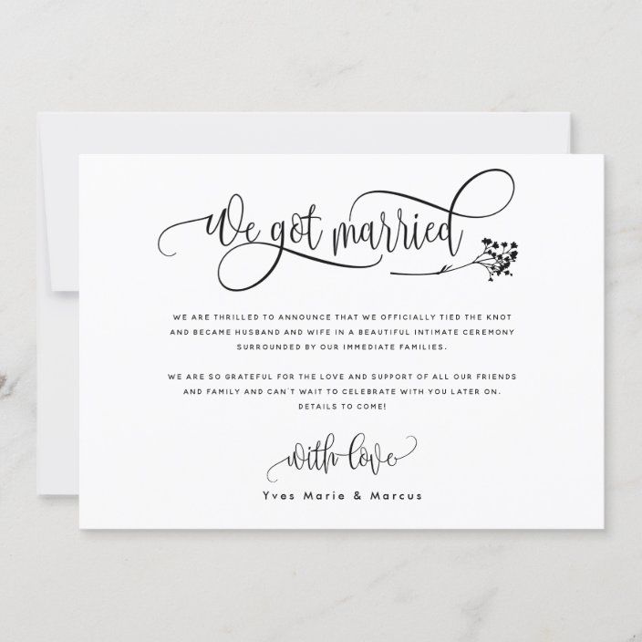 a wedding card with the words we got married written in cursive writing on it