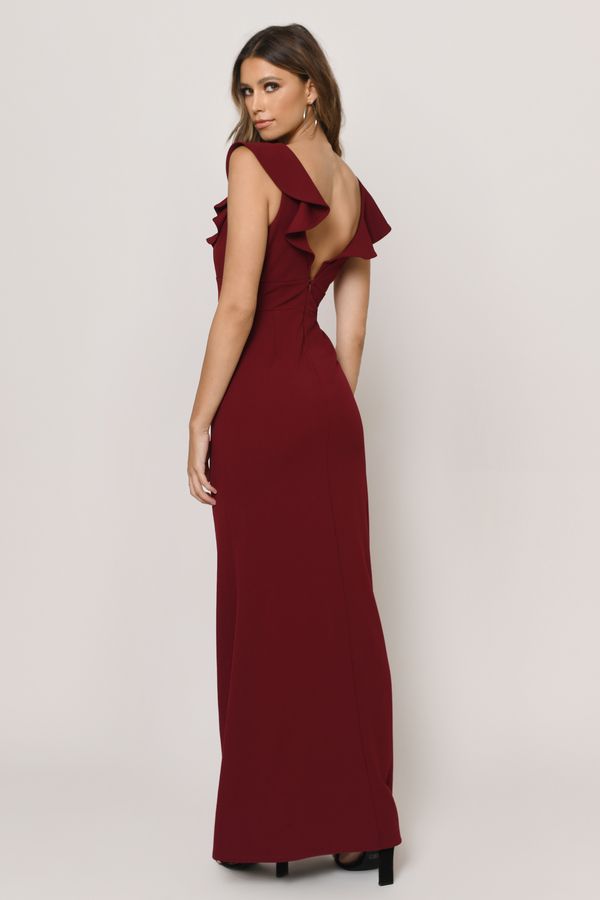 Looking for the Too Close Ruffle Maxi Dress in Wine? Shop our latest women’s Red Maxi Dresses at Tobi! Romance starts here. The Too Close Wine Ruffle Maxi Dress will WOW at all your formal events this year, featuring a sleeveless construction, ruffles along the deep v-neckline, and an open back. This long ruffle dress will look stunning with simple heels and a drop necklace. Deep V Maxi Dress, Long Ruffle Dress, Simple Heels, June Dress, Ruffle Maxi Dress, Wine Shop, Red Maxi, Red Dress Maxi, Blue Maxi