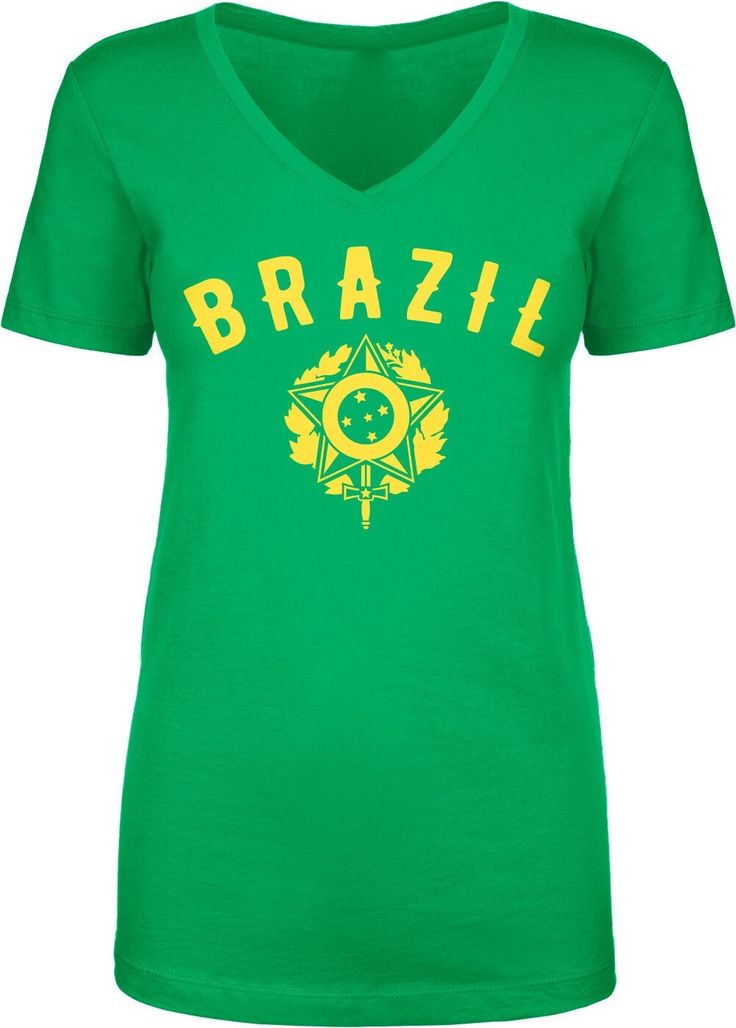 Show your Brazilian pride We prefer to print this design on Next Level's LADIES Ideal T line which is 60% combed ringspun cotton/40% polyester (yes, that is the good soft stuff, not the cheap scratchy kind), but if those are not available from our supplier for the size and color you'd like we will use a comparable brand as a replacement to get you your item as soon as possible with the same quality and feel you've come to expect from Next Level. The design is printed and shipped in the USA. If y Novelty Clothing, No Heat, Sports Fan, Coat Of Arms, Soccer Jersey, Sizing Chart, Womens Clothing Tops, Brazil, Cold Water