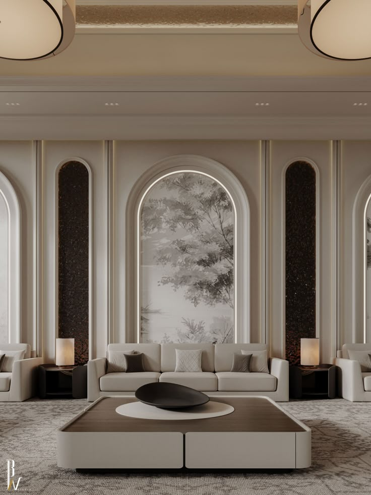 an elegant living room with high ceilings and large windows is pictured in this rendering image