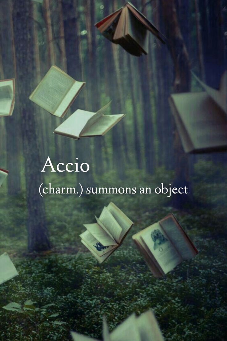 an open book flying through the air with words above it that read acccio charm summons an object