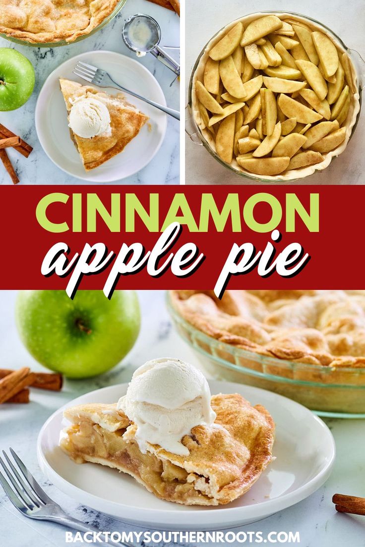 this is an image of cinnamon apple pie with apples in the background and text overlay that reads, cinnamon apple pie