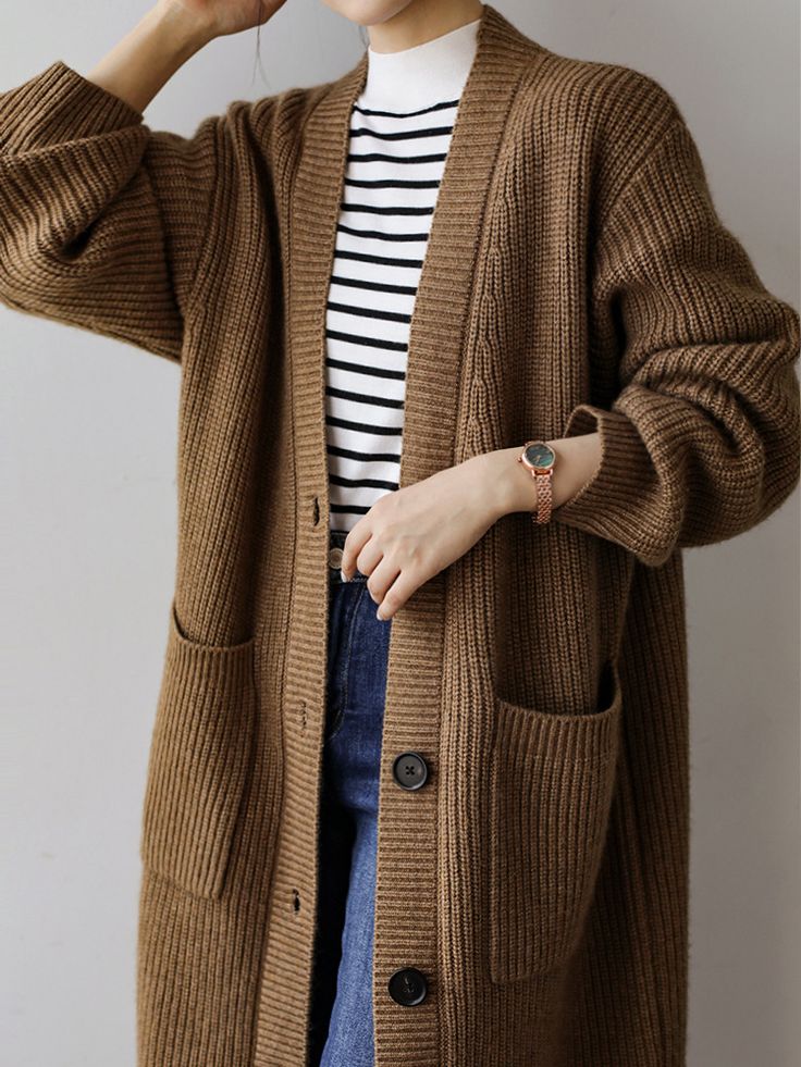 Winter Fall Long Knitted Cardigan Single Breasted V-neck Malhas Coat Solid Color Soft Sweater Casual Brown V-neck Sweater For Work, Brown Knitted V-neck Cardigan, Oversized V-neck Sweater Coat For Fall, Fall V-neck Sweater With Pockets, V-neck Sweater With Button Closure For Winter, Knit V-neck Outerwear With Pockets, Brown V-neck Winter Outerwear, Brown Long Sleeve V-neck Sweater For Winter, Knit V-neck Sweater Coat With Pockets