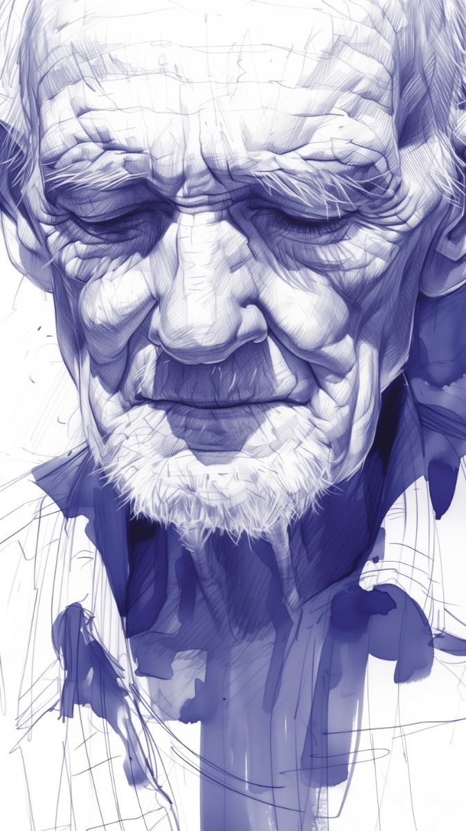 an old man's face is shown in blue and white ink, with his eyes closed