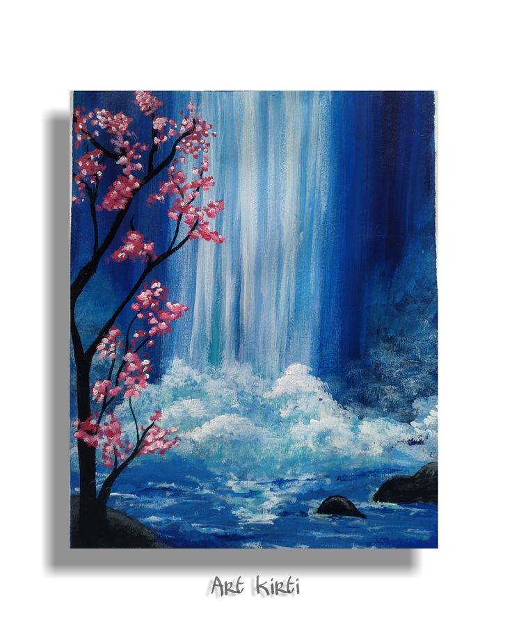 an acrylic painting of a tree with pink flowers in front of a waterfall