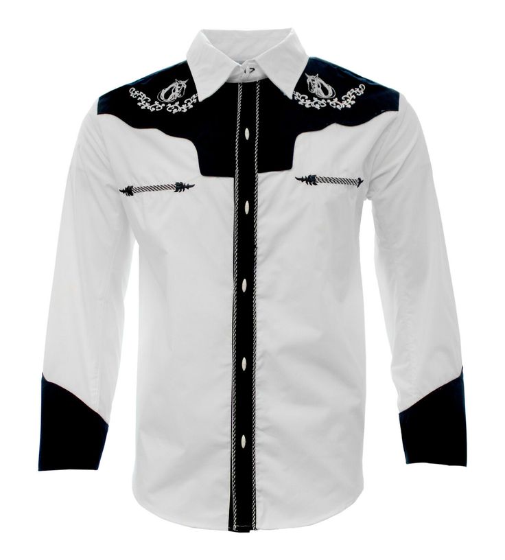 Cowboy Shirt Western Wear Camisa Charra El General New With Tags Color White-Black 65% Polyester 35% Cotton Embroidered(Bordada) Long Sleeve Made in Mexico Embroidered Black Collared Shirt, Black Embroidered Collared Shirt, Fitted Embroidered Button-up Shirt, Black Embroidered Western Top, Black Collared Shirt With Floral Embroidery, Black Embroidered Long Sleeve Shirt, Black Long Sleeve Western Shirt, Black Embroidered Top With Collar, Fitted Embroidered Collared Shirt