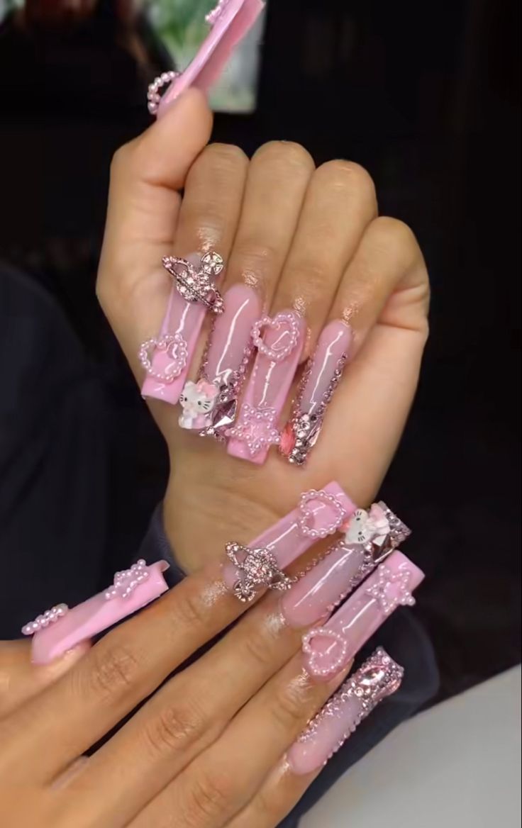 Pink Junk Nails, Pink Nails Long, Junk Nails, Kitty Nails, Drip Nails, Claw Nails, Hello Kitty Nails, Short Square Acrylic Nails, Pretty Gel Nails