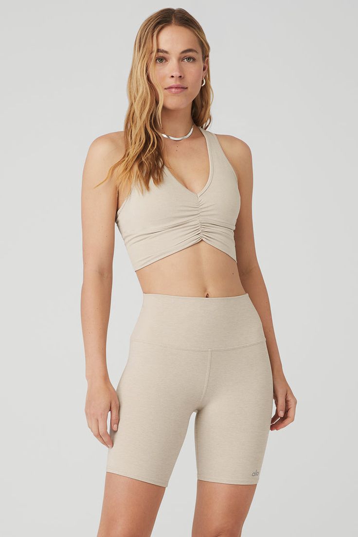 Ruched Summer Yoga Activewear, Summer Ruched Athleisure Activewear, Ruched Summer Athleisure Activewear, Summer Ruched Activewear For Workout, Ruched Athleisure Activewear For Summer, Ruched Activewear For Summer Workouts, Alo Yoga Activewear With Built-in Bra For Yoga, Alo Yoga Fitted Sports Bra With Light Support, Sporty Ruched Activewear For Summer