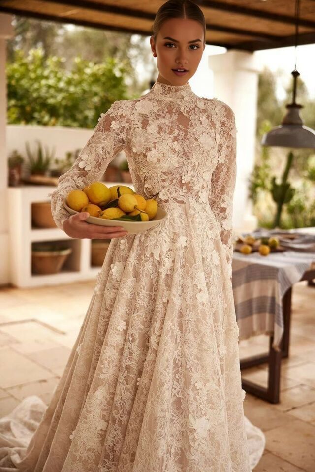 a woman holding a plate with lemons on it in front of a dining room table