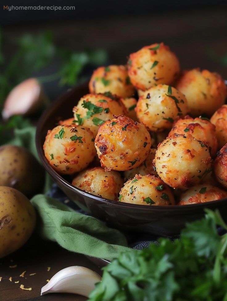 a bowl filled with potatoes and parsley on top of a table next to garlic